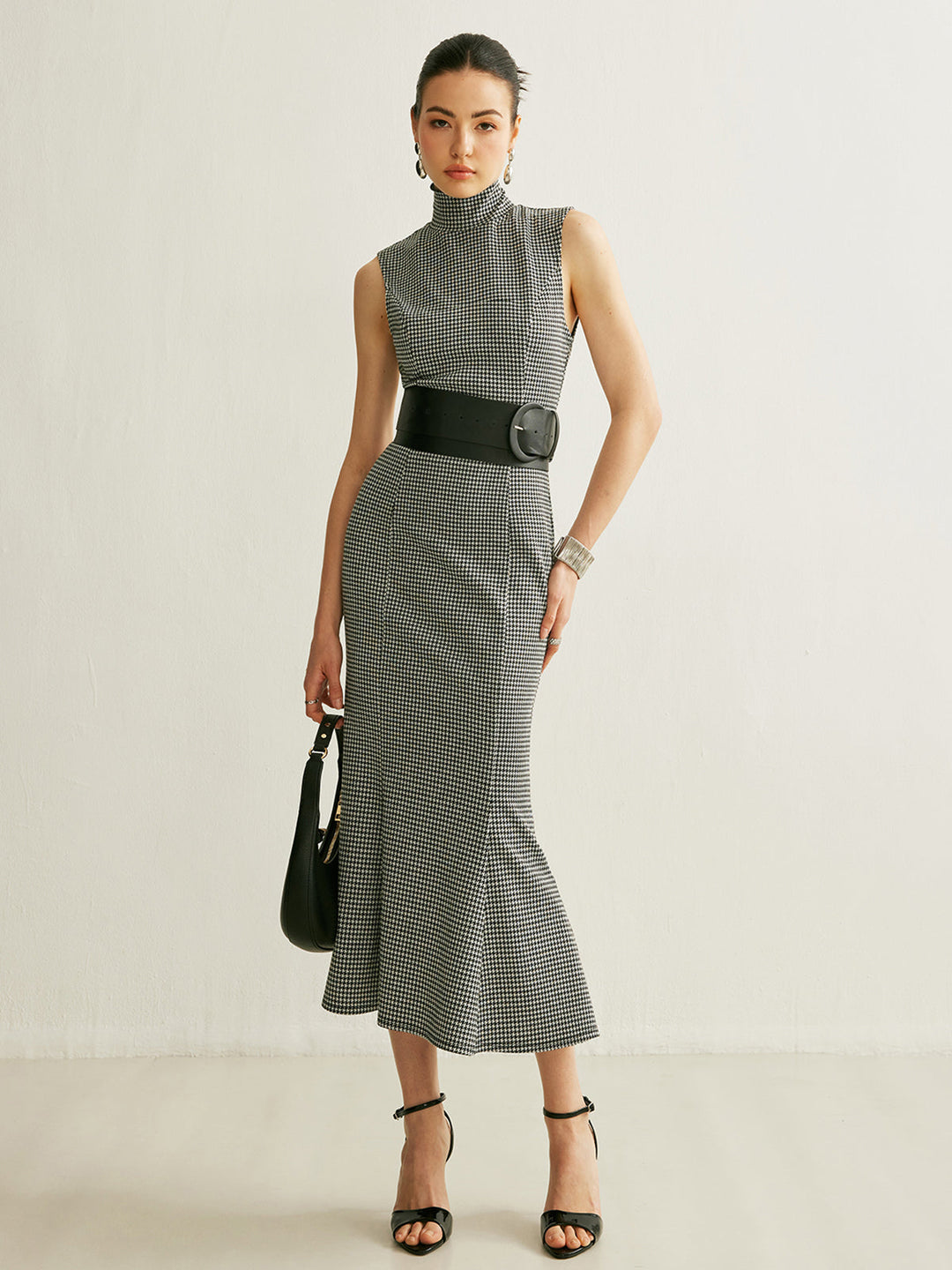 Eliana Houndstooth Mock Neck Midi Dress