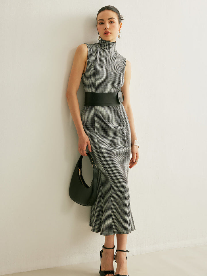 Eliana Houndstooth Mock Neck Midi Dress