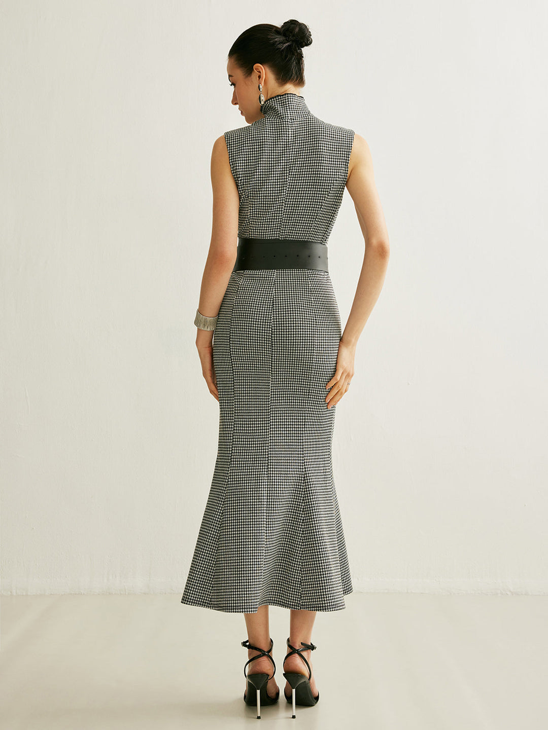 Eliana Houndstooth Mock Neck Midi Dress