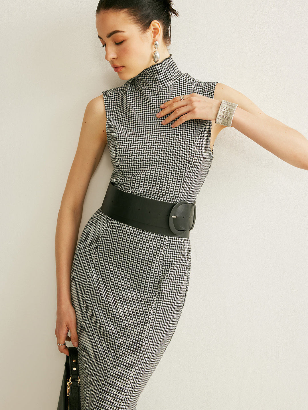 Eliana Houndstooth Mock Neck Midi Dress