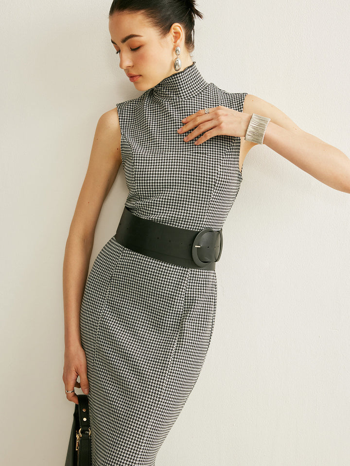 Eliana Houndstooth Mock Neck Midi Dress
