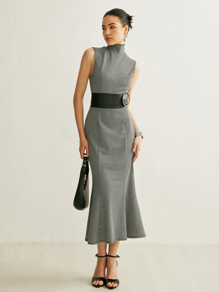 Eliana Houndstooth Mock Neck Midi Dress