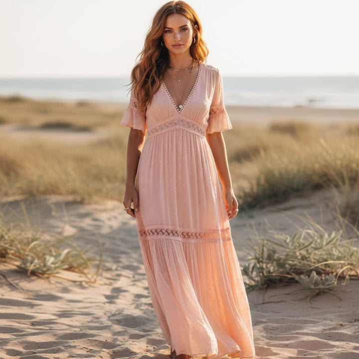 Lina Lace Trim V-Neck Maxi Dress