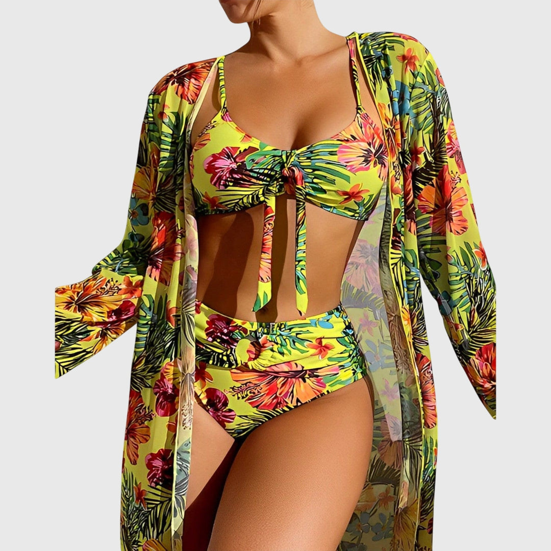 Autumn Tropical Floral Three-Piece Bikini Set