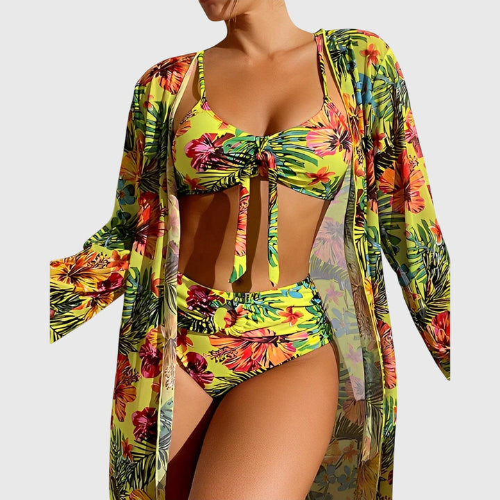Autumn Tropical Floral Three-Piece Bikini Set
