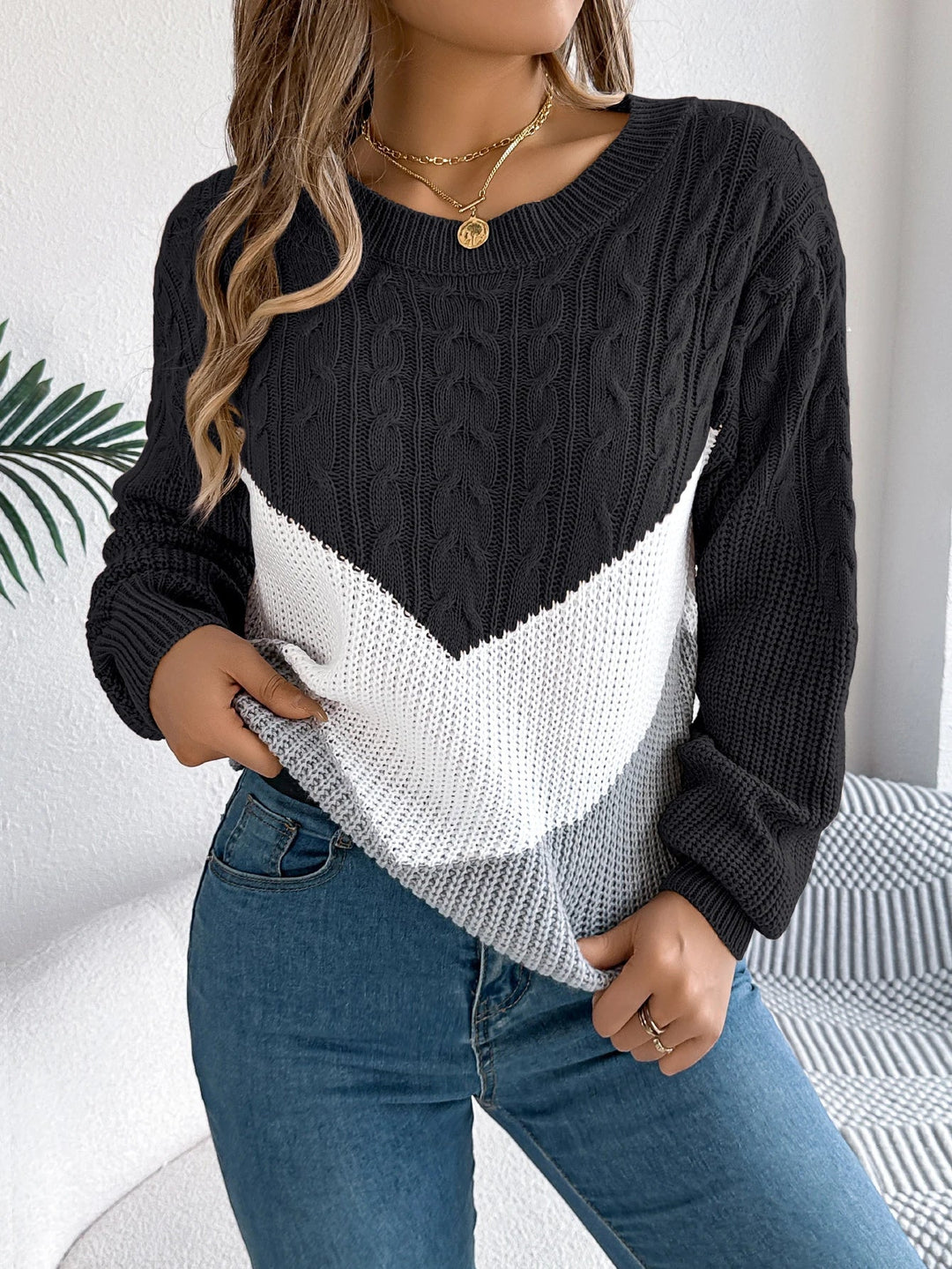 Karmina Colorblock Cable Stitch Sweater