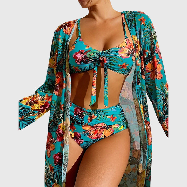 Autumn Tropical Floral Three-Piece Bikini Set