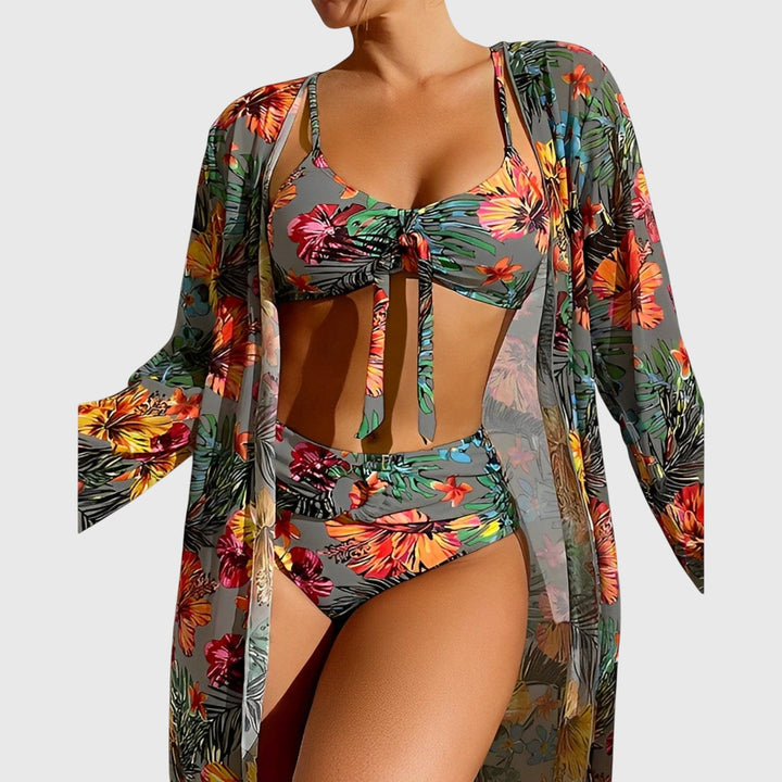 Autumn Tropical Floral Three-Piece Bikini Set