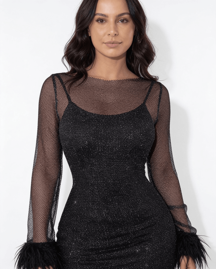 Carina Sheer Mesh Feather Cuff Mini Dress
