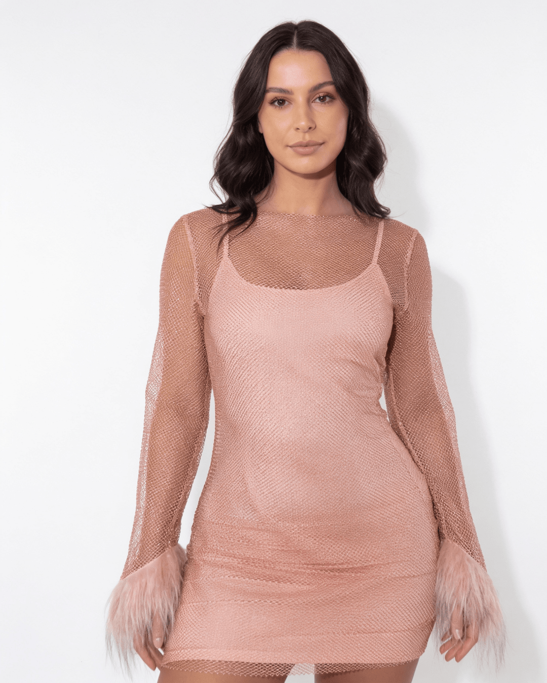Carina Sheer Mesh Feather Cuff Mini Dress