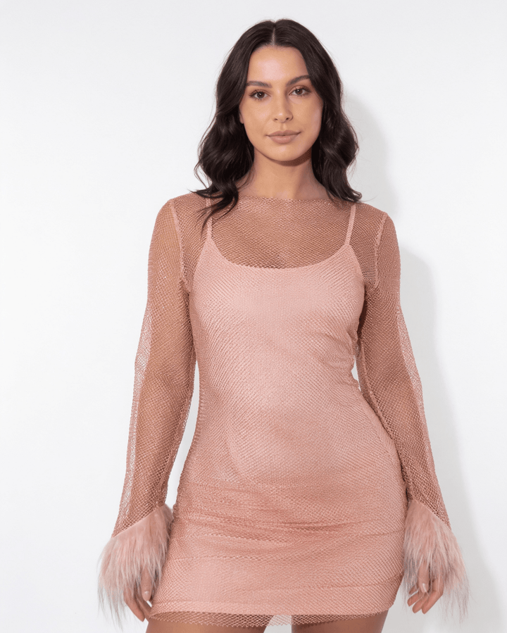 Carina Sheer Mesh Feather Cuff Mini Dress