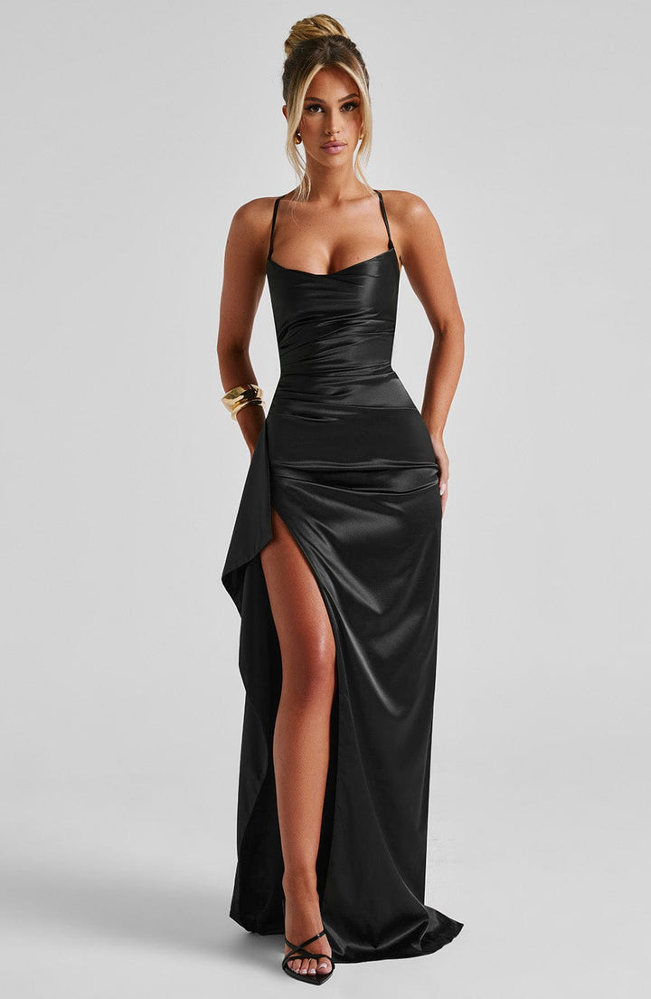 Zircon Draped Slit Maxi Dress