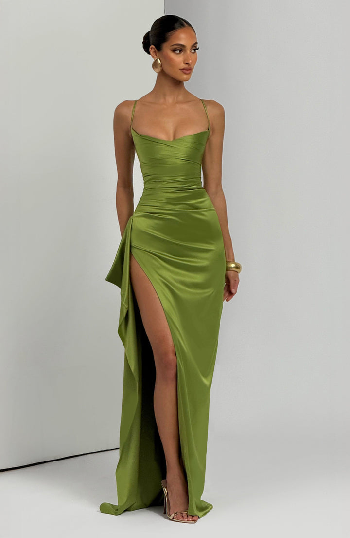 Freida Draped Slit Satin Maxi Dress