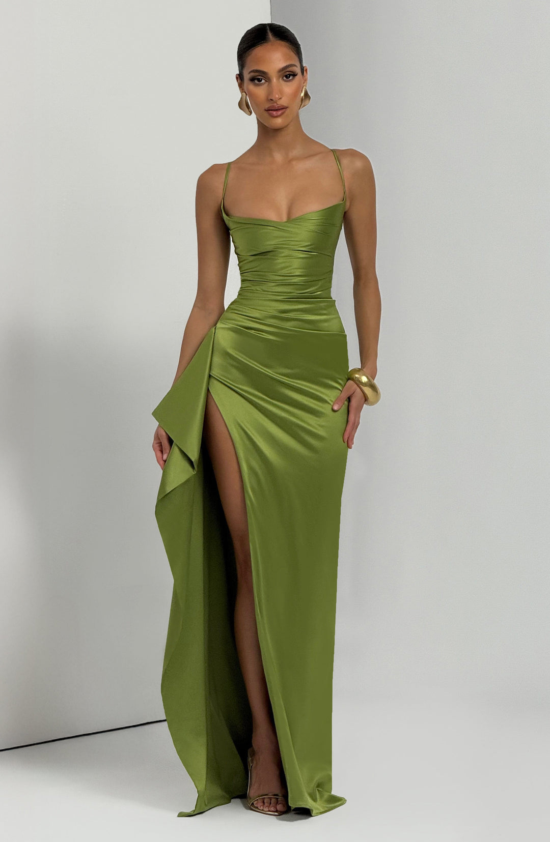 Freida Draped Slit Satin Maxi Dress