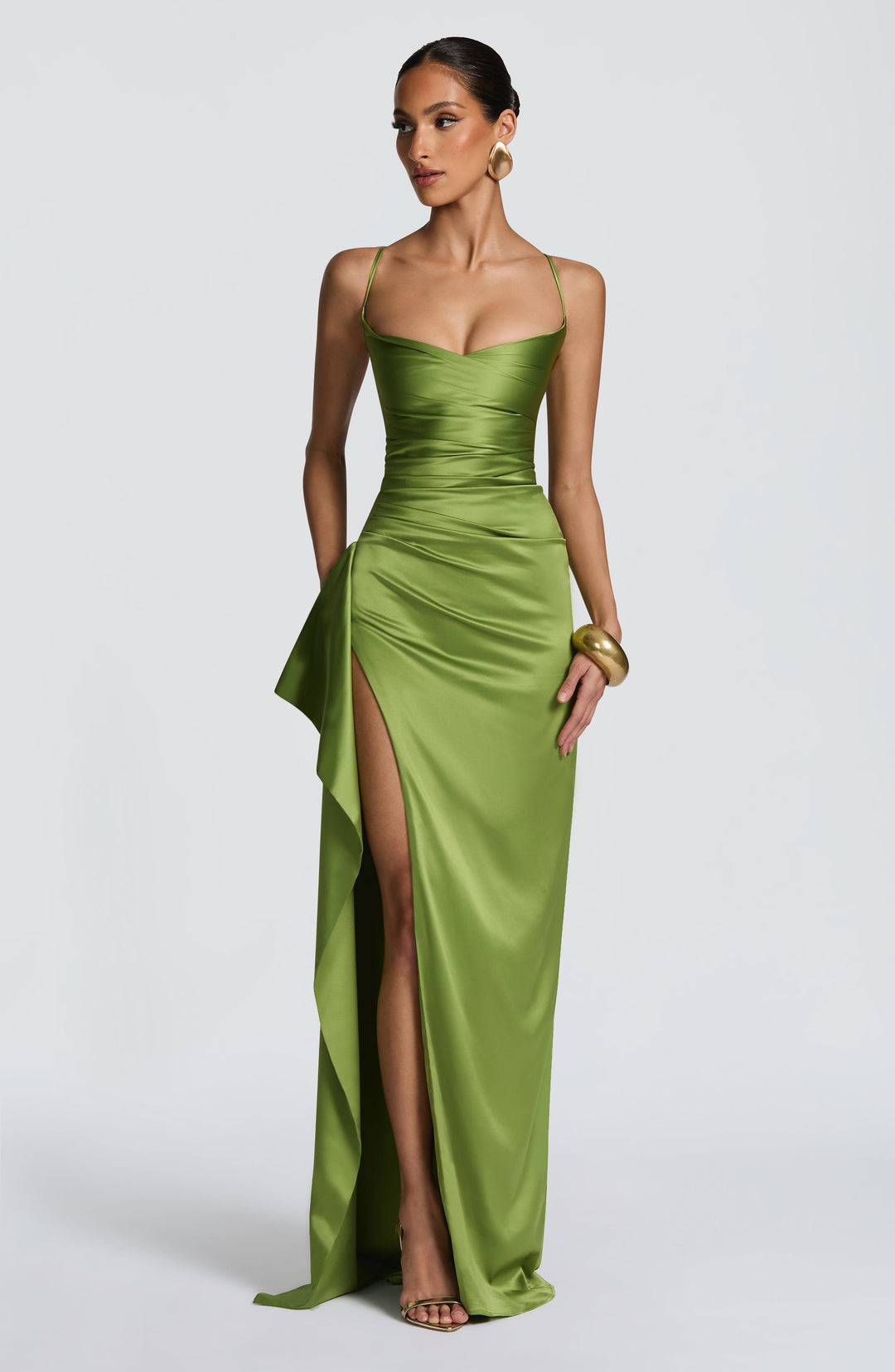 Satin Maxi Dress – Strappy Ruched Split Thigh Bodycon – Kivara Studio
