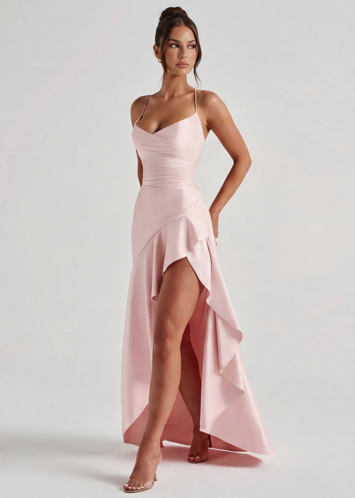 Charlotte Asymmetrical Ruffle Hem Maxi Dress
