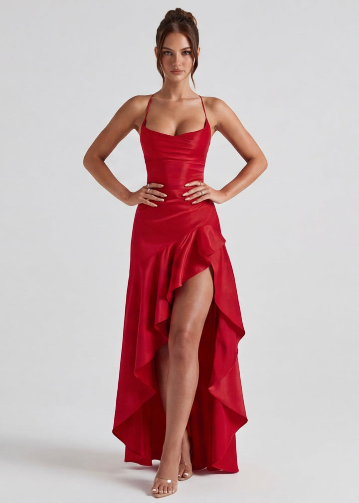 Charlotte Asymmetrical Ruffle Hem Maxi Dress