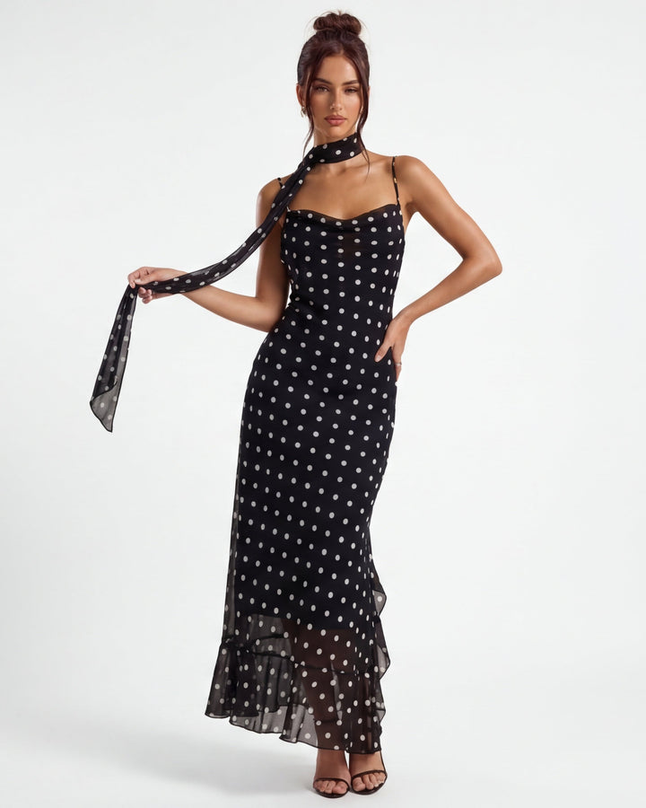 Kira Polka Dot Sheer Hem Maxi Dress