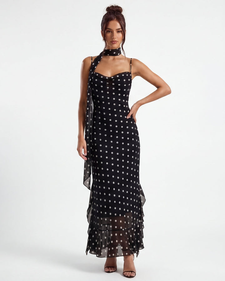 Kira Polka Dot Sheer Hem Maxi Dress