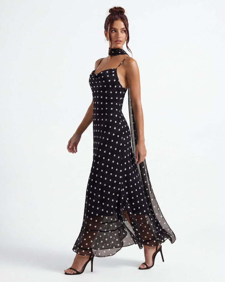 Kira Polka Dot Sheer Hem Maxi Dress
