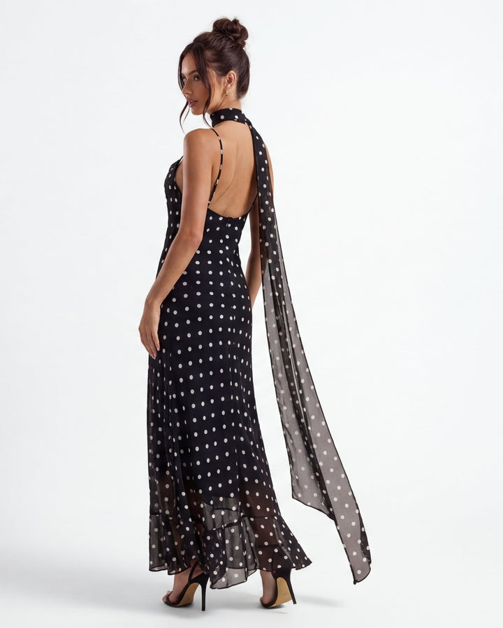 Kira Polka Dot Sheer Hem Maxi Dress