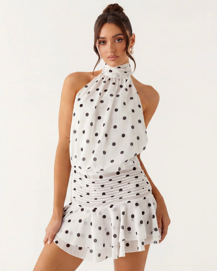 Kathy Polka Dot Ruched Halter Mini Dress