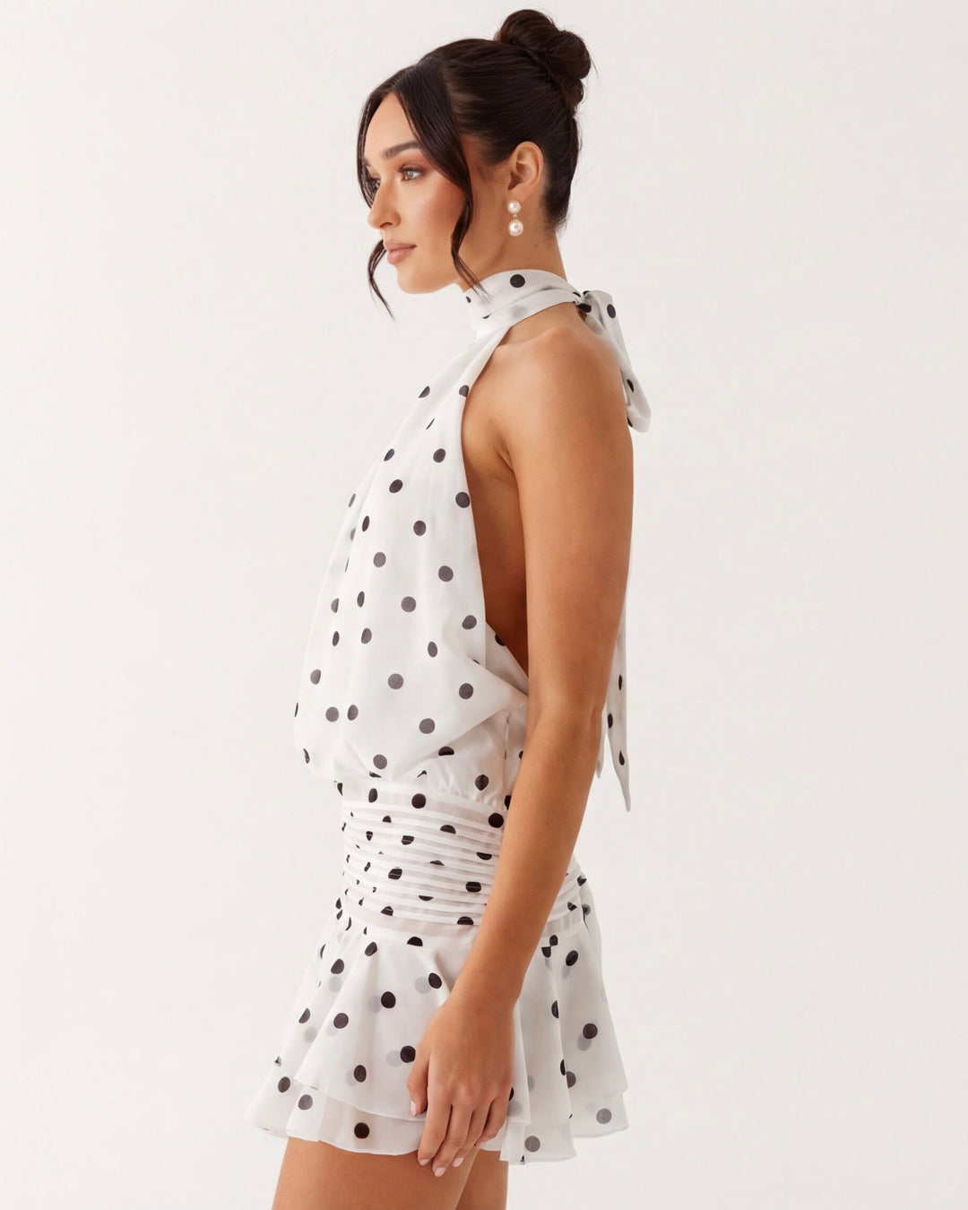Kathy Polka Dot Ruched Halter Mini Dress