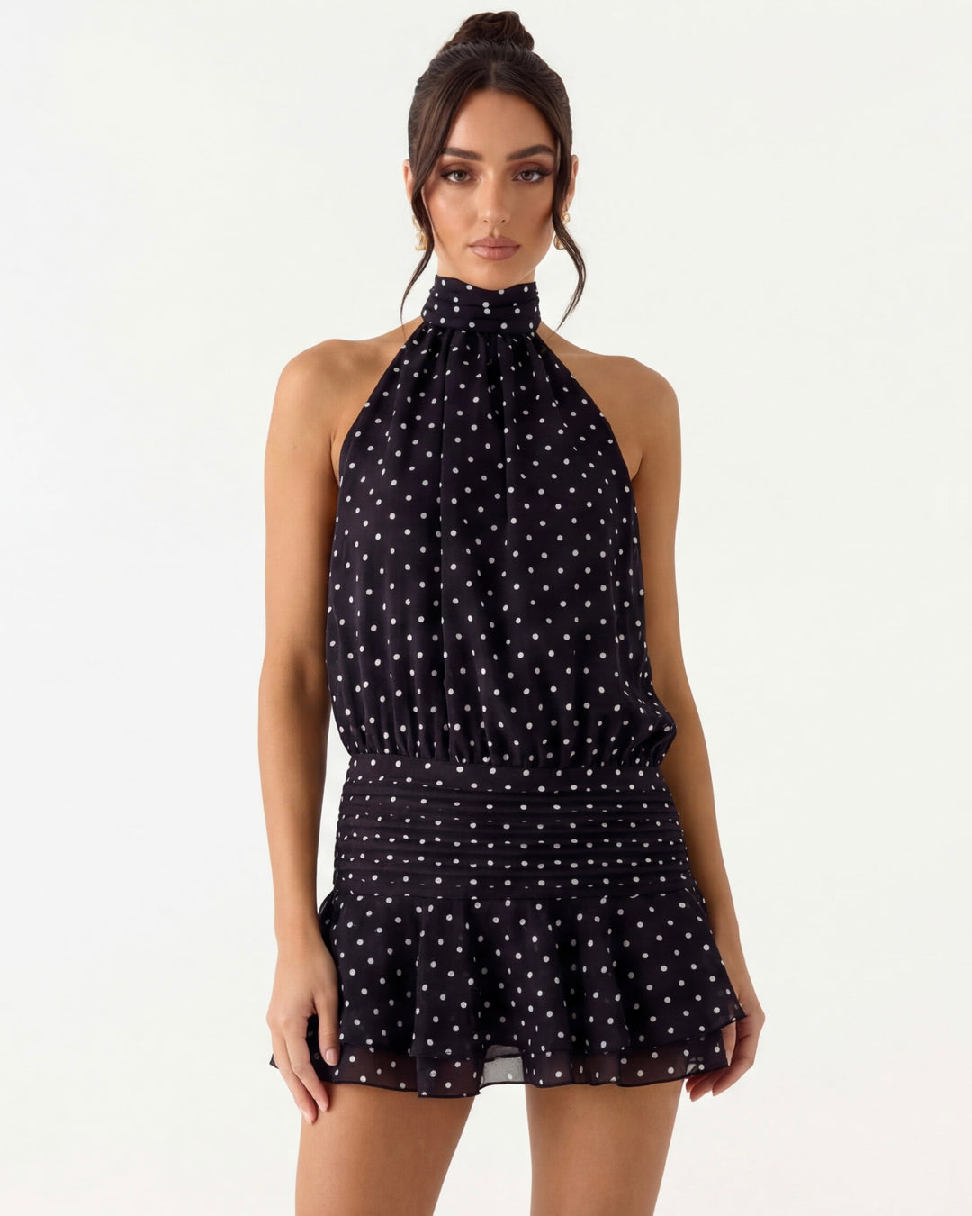Kathy Polka Dot Ruched Halter Mini Dress