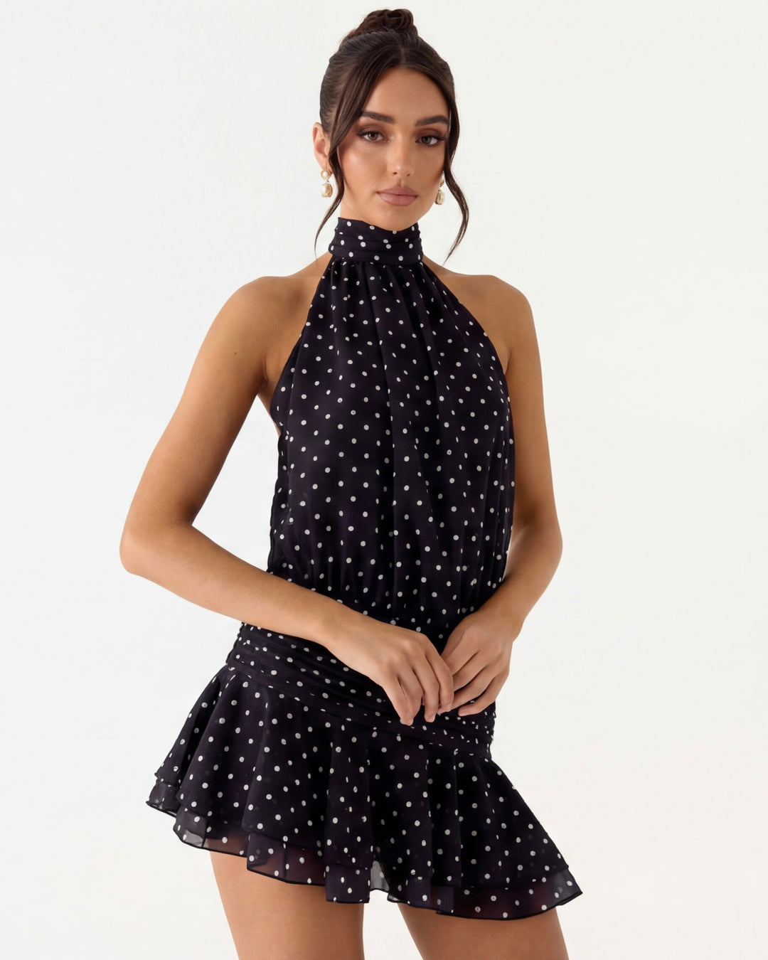 Kathy Polka Dot Ruched Halter Mini Dress