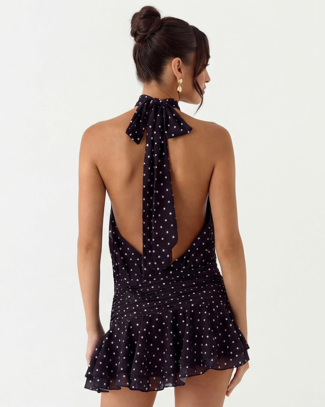 Kathy Polka Dot Ruched Halter Mini Dress