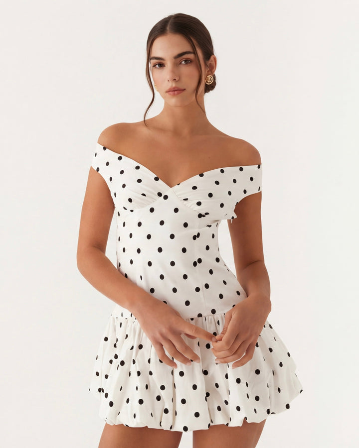 Gwen Off Shoulder Polka Dot Mini Dress