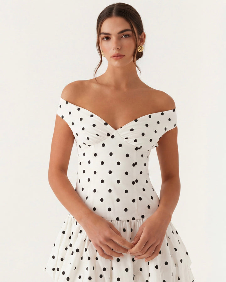 Gwen Off Shoulder Polka Dot Mini Dress
