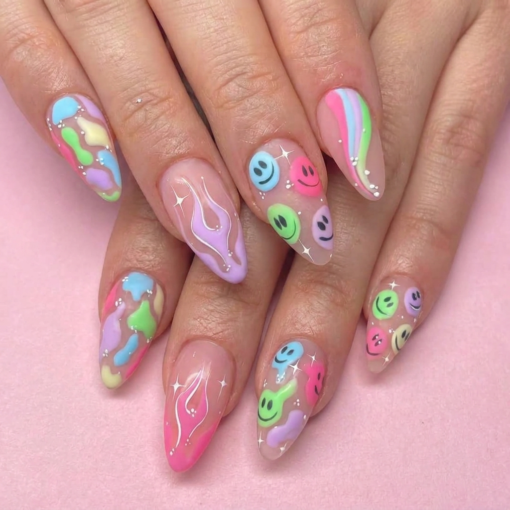 Pastel Smiley Press-On Nails