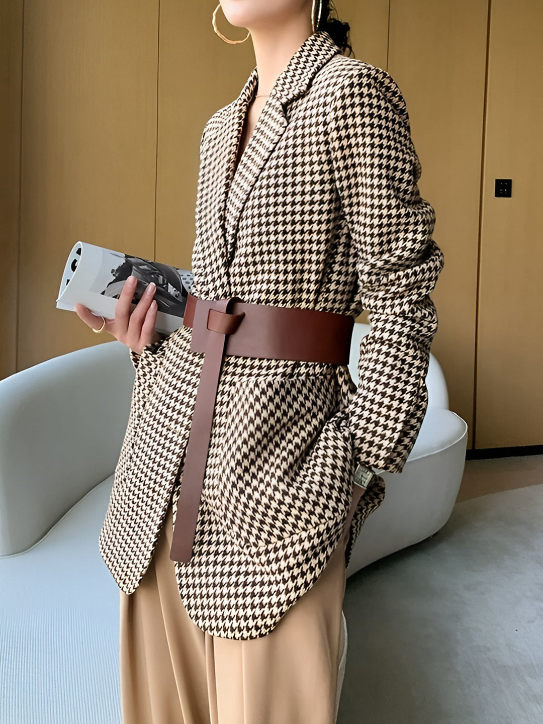 Clover Belted Houndstooth Blazer