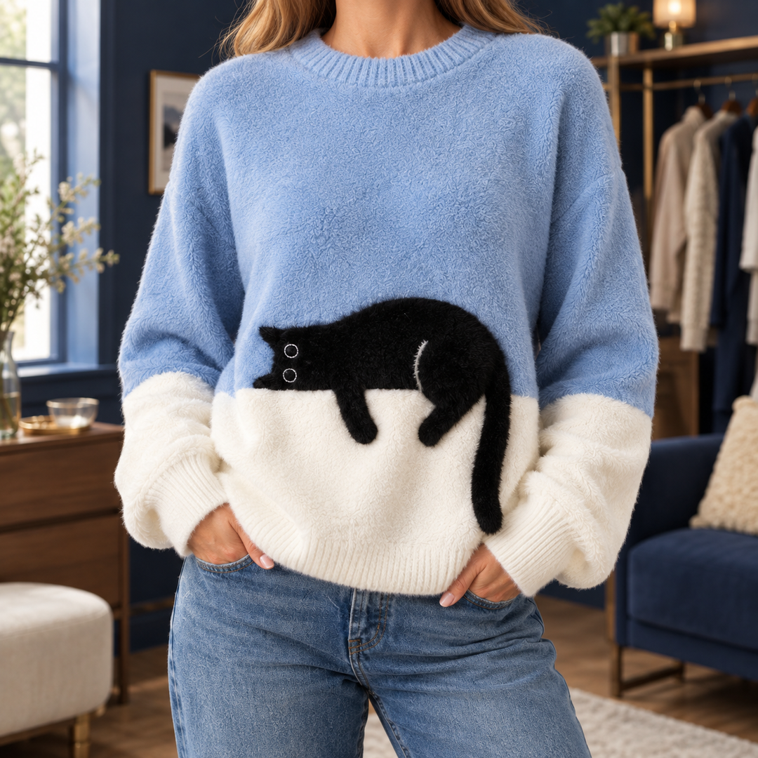 Hazel Cat Motif Relaxed Sweater