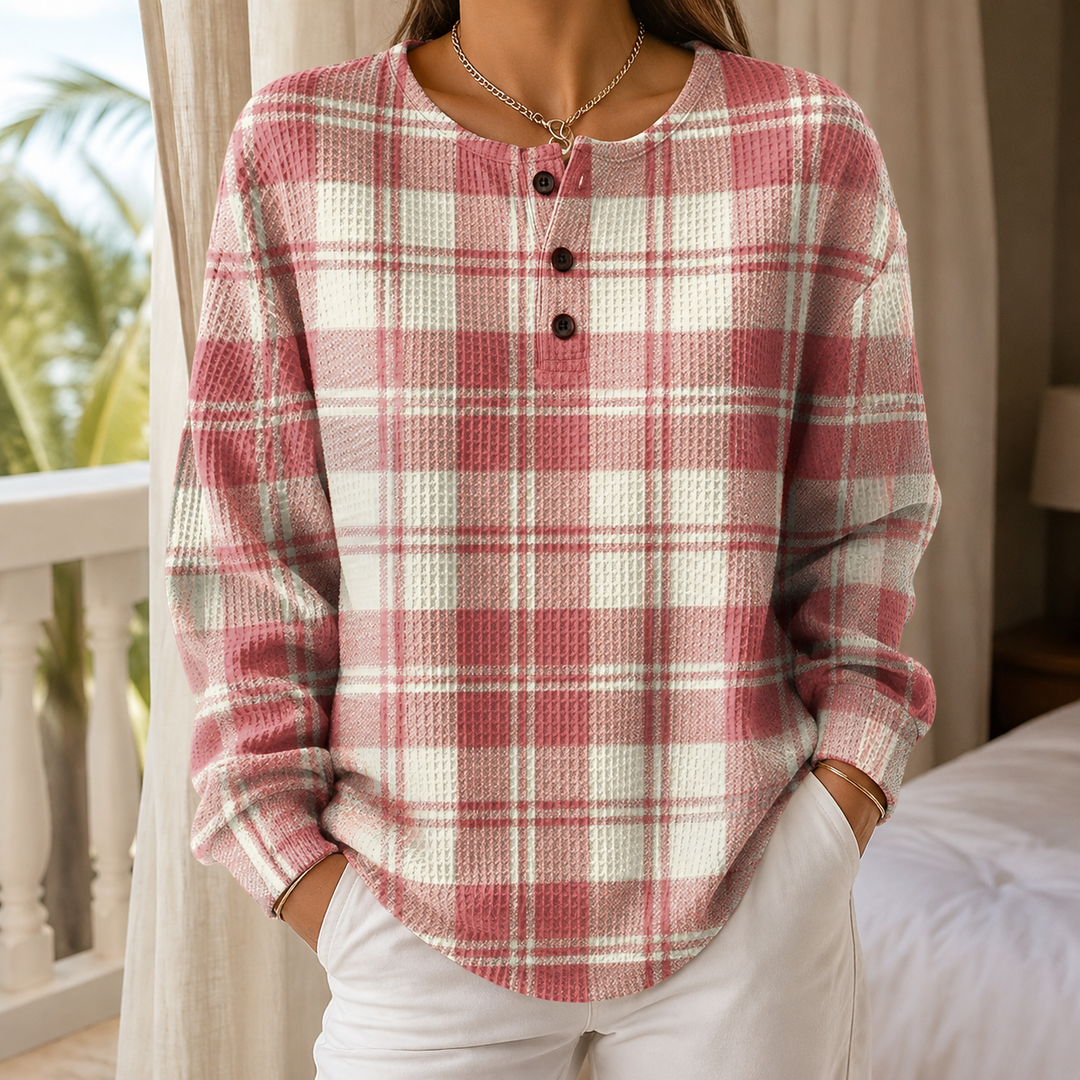 Mich Plaid Henley Relaxed Sweater