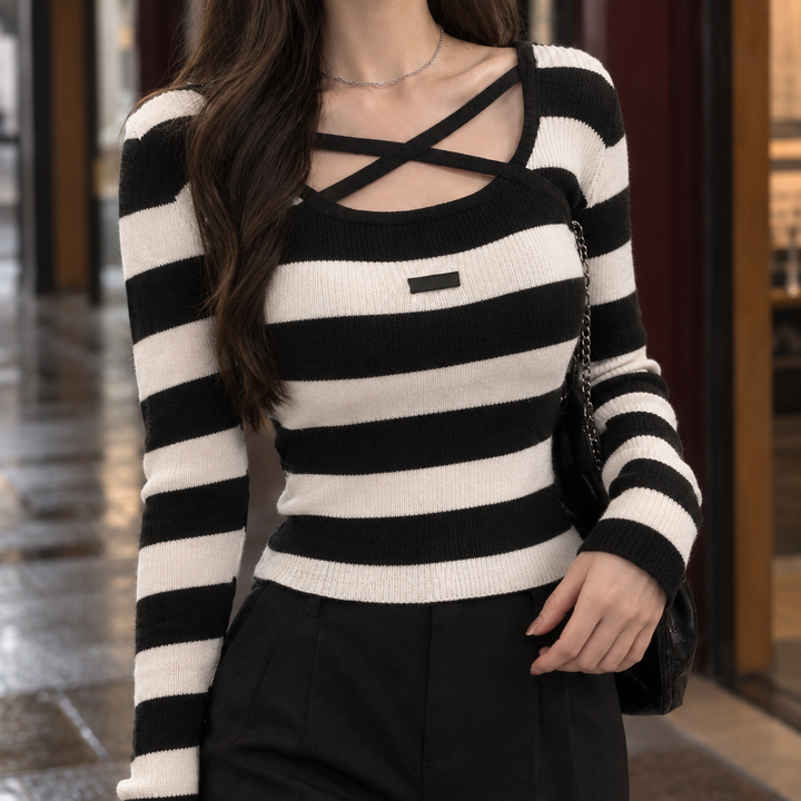 Sancia Striped Crisscross Neck Sweater