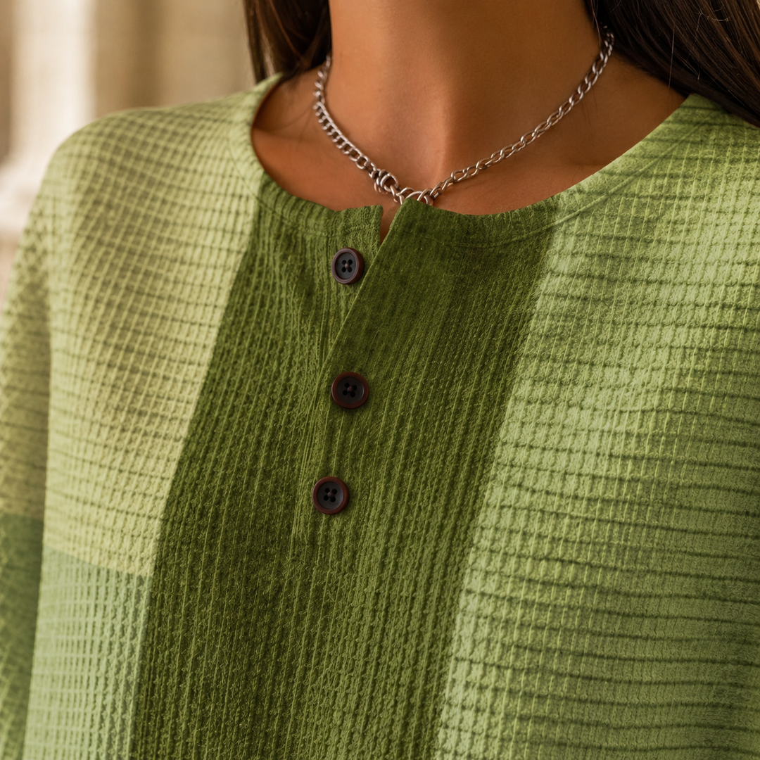 Denise Patchwork Henley Relaxed Sweater