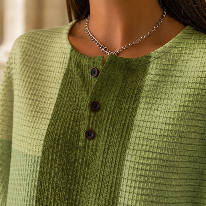 Denise Patchwork Henley Relaxed Sweater