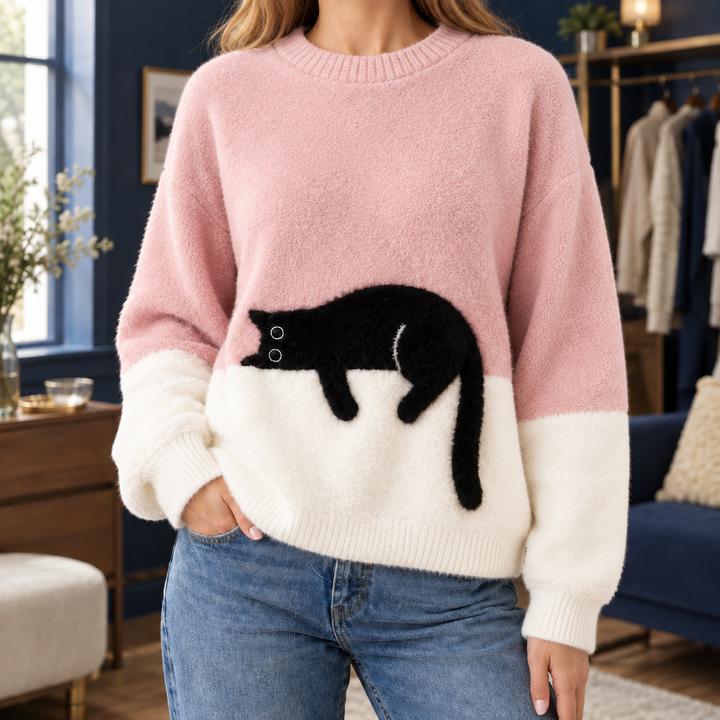 Hazel Cat Motif Relaxed Sweater