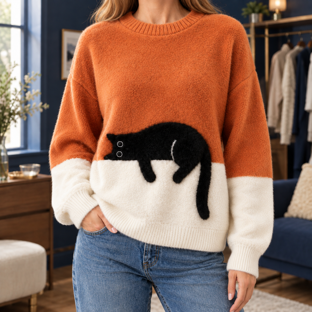 Hazel Cat Motif Relaxed Sweater