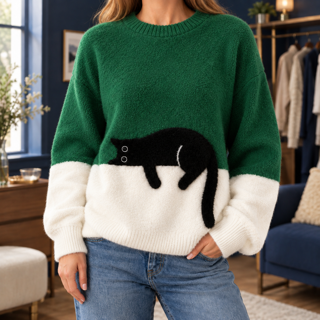 Hazel Cat Motif Relaxed Sweater