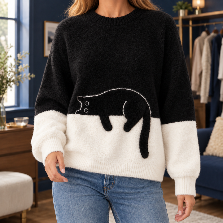 Hazel Cat Motif Relaxed Sweater