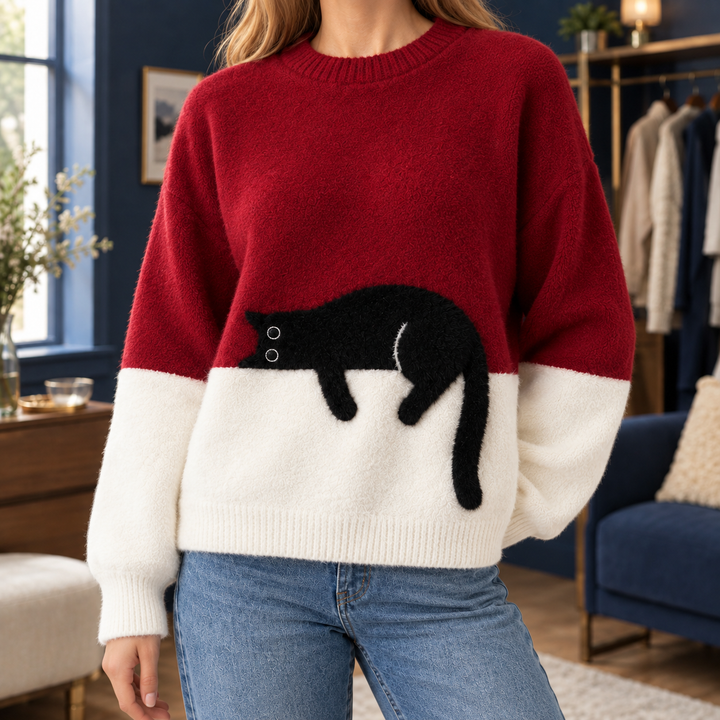 Hazel Cat Motif Relaxed Sweater