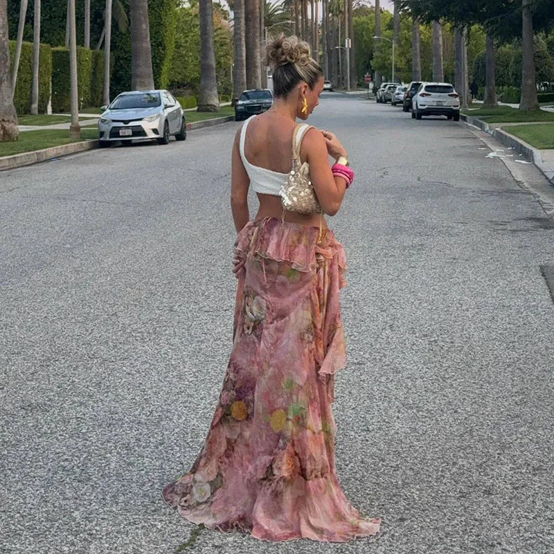 Cleo Floral High Low Ruffle Skirt