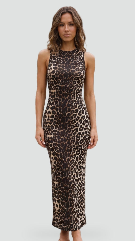 Isadora Leopard Print Sleeveless Midi Dress