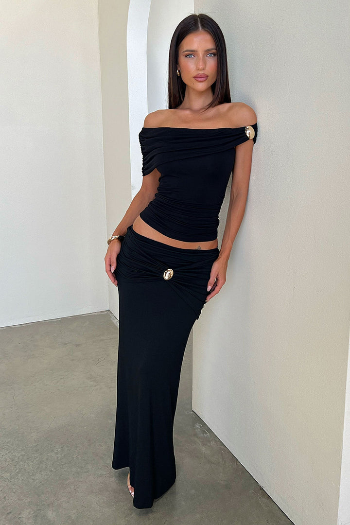 Malika Gathered Waist Hardware Maxi Skirt