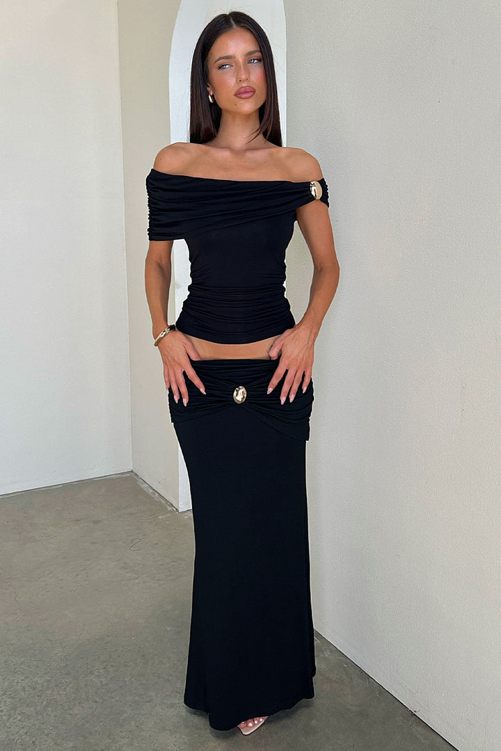 Malika Gathered Waist Hardware Maxi Skirt