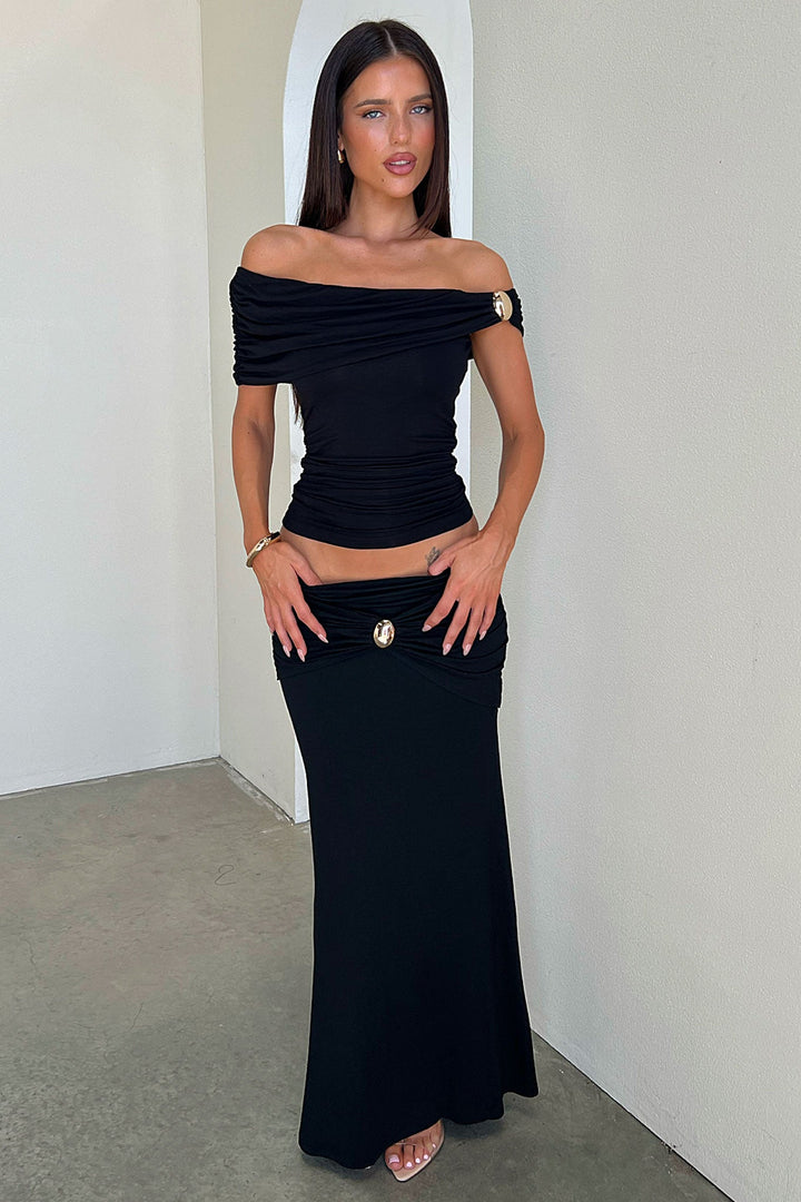 Malika Gathered Waist Hardware Maxi Skirt