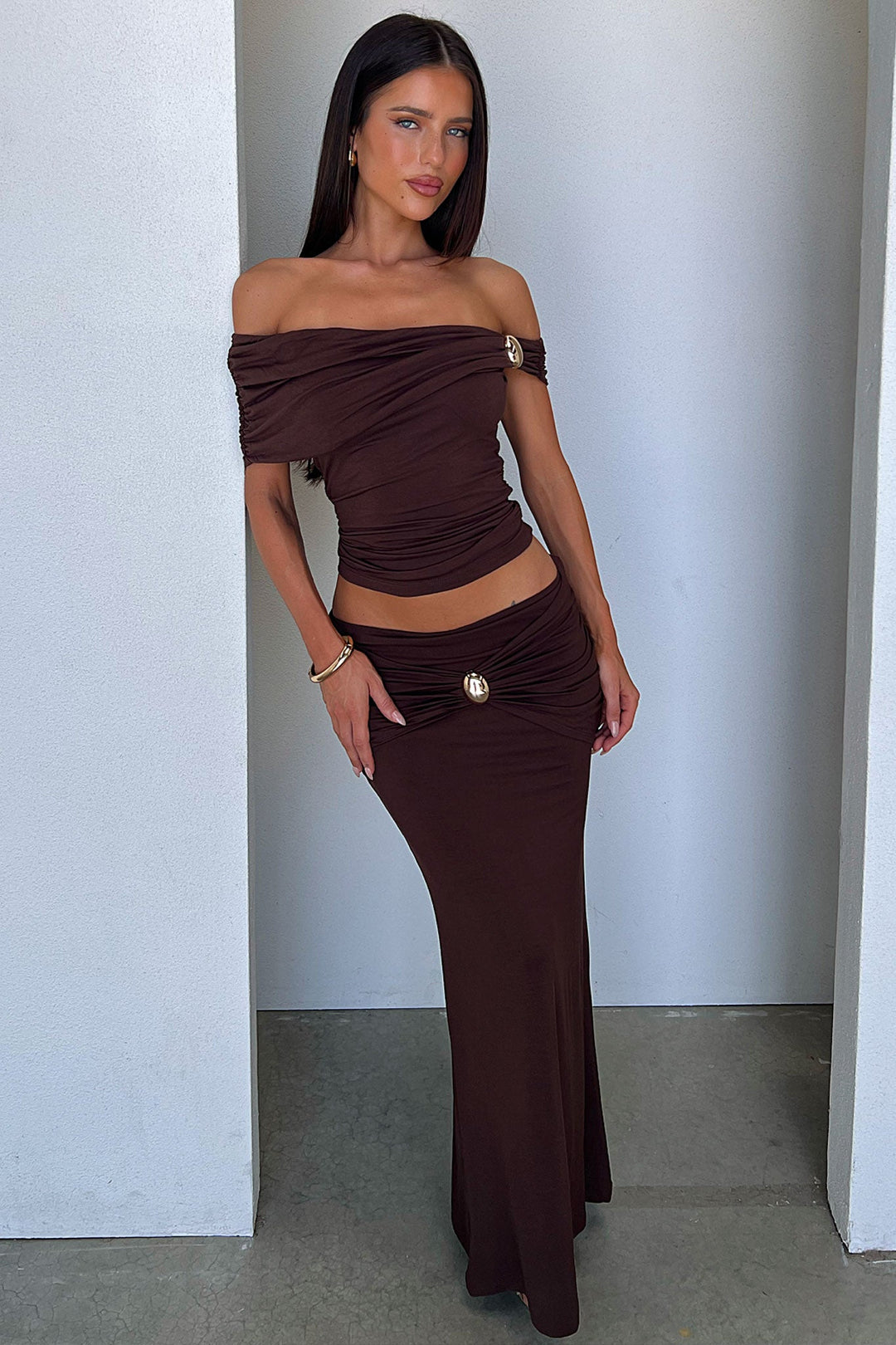 Malika Hardware Detail Draped Maxi Skirt